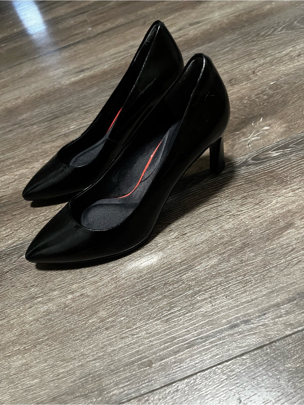 Rockport Black Patent Pointed Toe Pumps with Red Inset